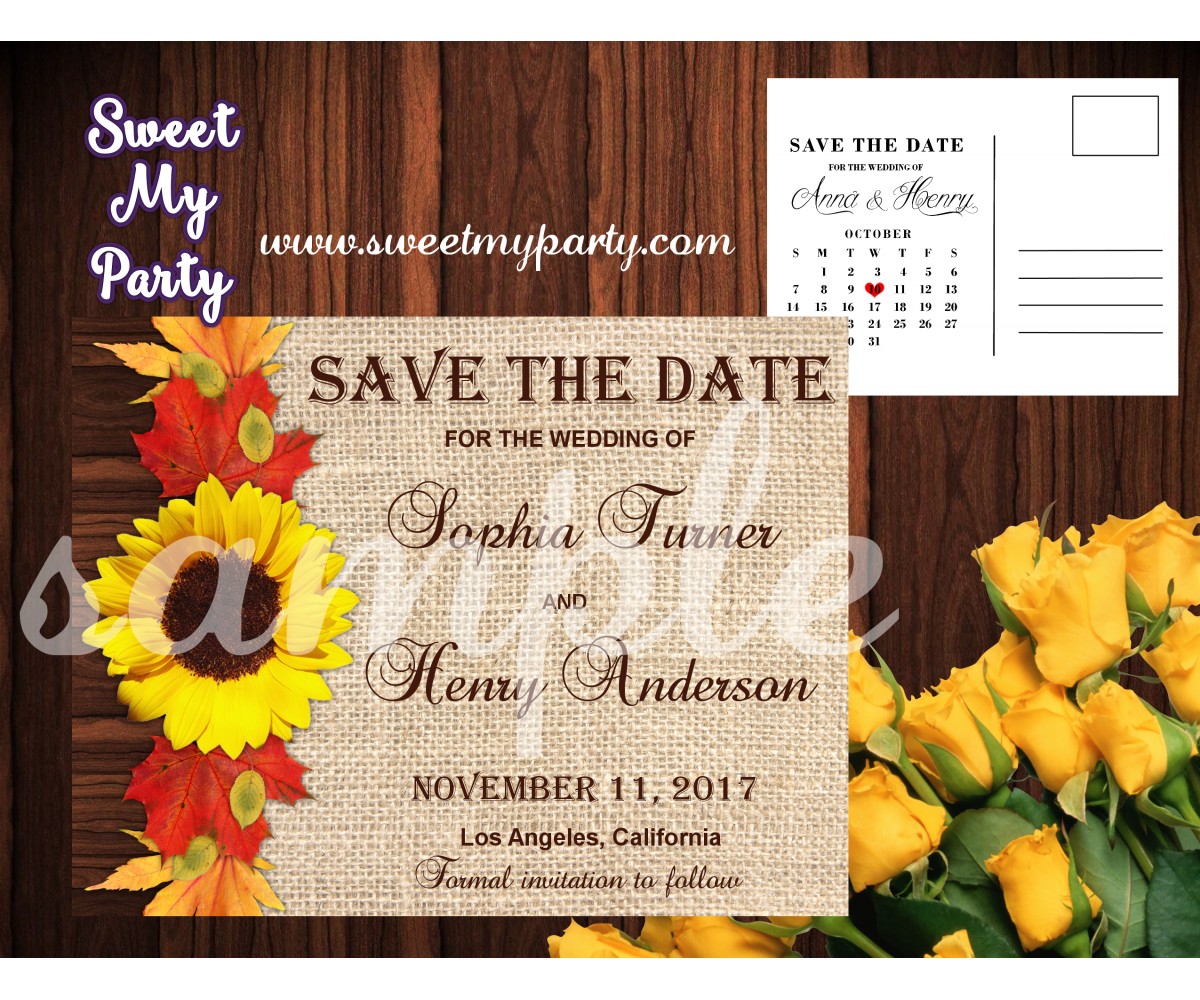 Sunflower Wedding Save the Date, Fall leaves Wedding Save the date,(001w)